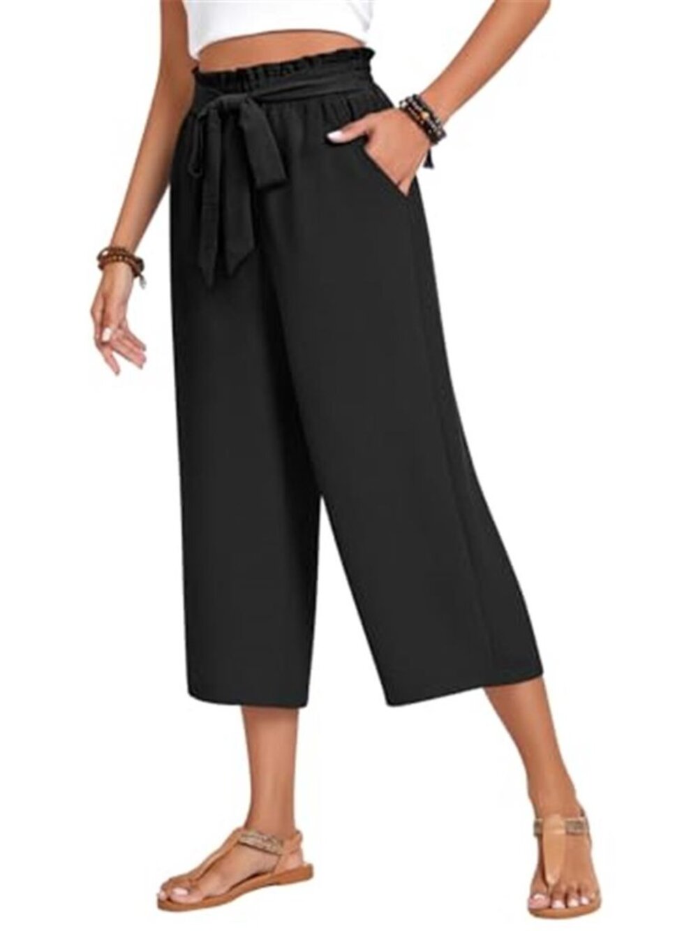 Womens Gaucho Pants High Waisted Wide Leg Cropped Pants With Pockets